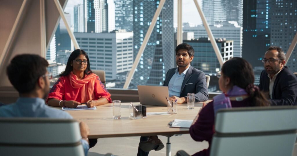Young Indian professionals participating in an advisory meeting with senior executives